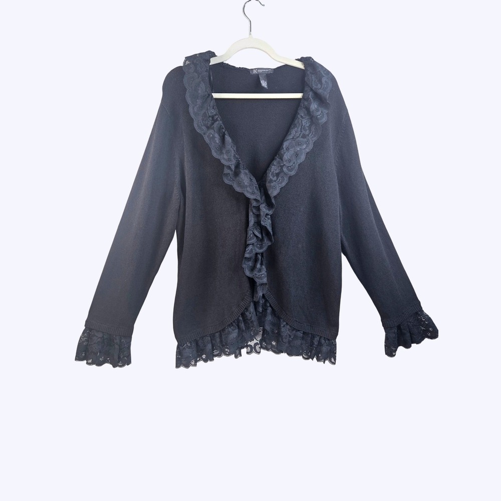 INC Ruffle Trim Cardigan Sweater 2X Black Knit Floral Lace Romantic Wimsygoth